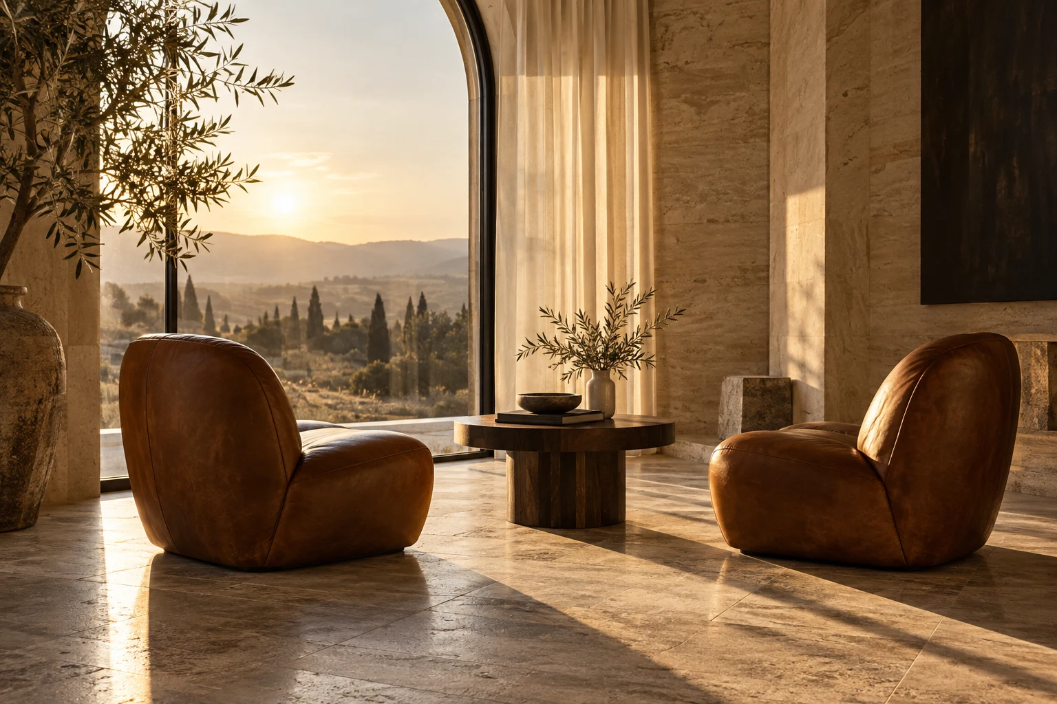 Two leather chairs facing each other in a sunlit, thoughtfully arranged conversation space