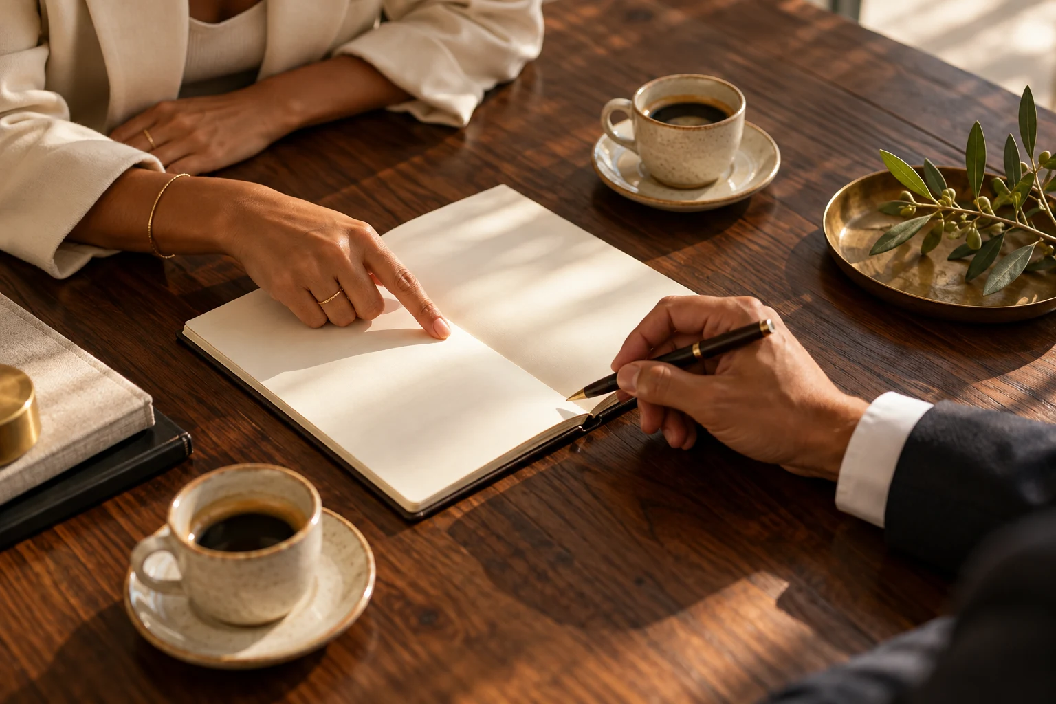 An editorial detail of two people discussing a blank notebook over coffee